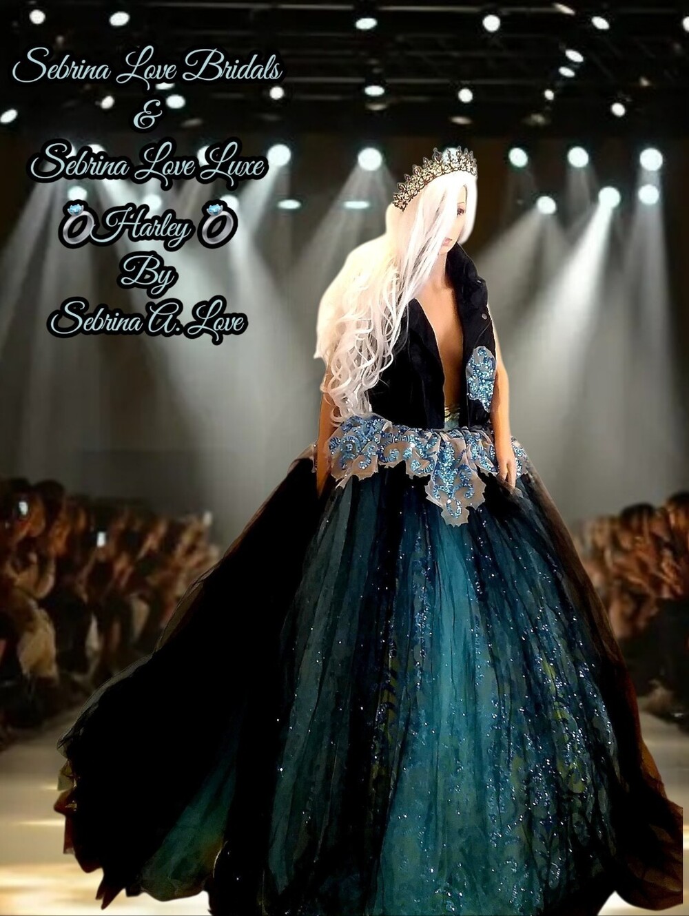 "HARLEY" Black Tulle Blue Sequin & Gold Damask Biker Bride Wedding Ballgown Set